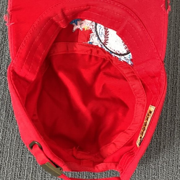 Baseball Cadet Hat Womens OS Red Distressed Embroidered Rhinestone Leader Loga - Picture 13 of 14